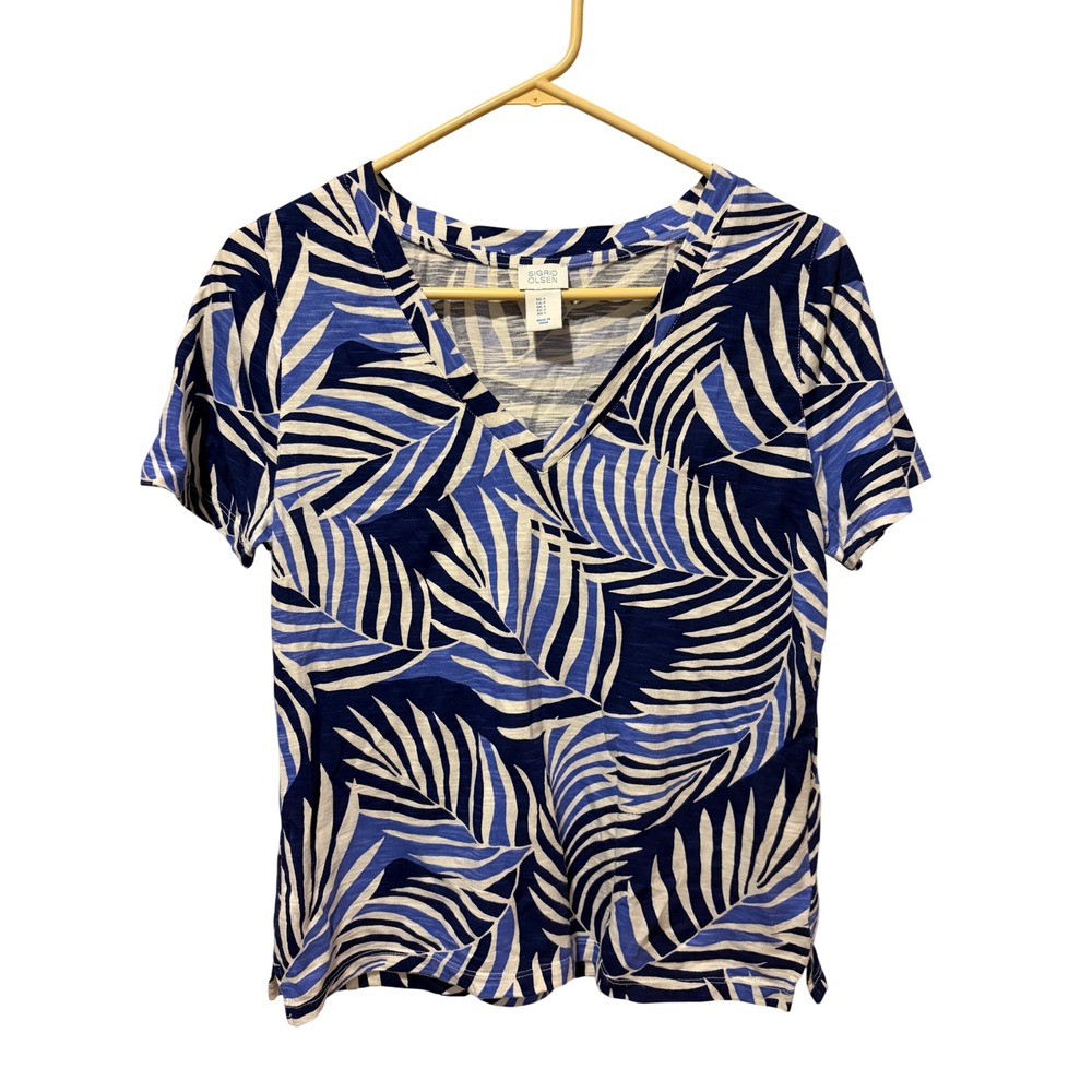 Sigrid Olsen Womens Blue White Tropical Palm Leaf Print Cotton V-Neck Tee Small